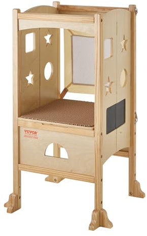 VEVOR Tour d'Observation Enfant Charge 56,75 kg Tour d'Apprentissage Montessori Pliable Bois Massif 3 Hauteurs Filet de Sécurité pour Tout-petits, Chambre à Coucher, Salle de Bain, Comptoir de Cuisine