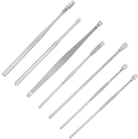 7-teiliges Edelstahl-Spiral-Ohrenschmalz-Reiniger-Set, Tragbarer Ohr-Pick-Löffel, Ohrenschmalz-Entfernungs-Werkzeug-Set, Doppelköpfiger Spiral-Ohr-Pick-Zauberstab (Silber)