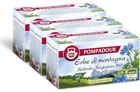 Pompadour, Infuso Erbe di Montagna dell'Alto Adige Bio, 60 Filtri (3 Confezioni da 20 Filtri), Delizioso e Profumato, 100% Biologico, Senza Lattosio, Glutine e Allergeni, Vegan