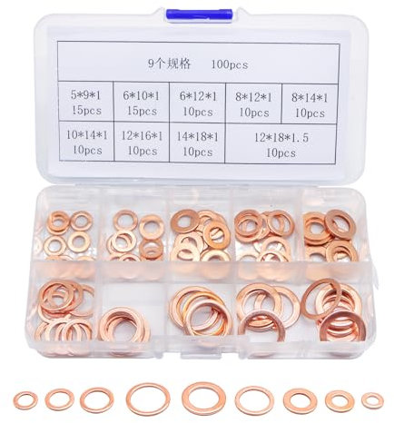 ZYDYRX 100 Pezzi Rondelle Piane Rame Set Rondelle Rame Rondelle Piatte 9 Dimensioni Set Combinato Rondelle Piatte Antiruggine Scatola Plastica con Assortimento