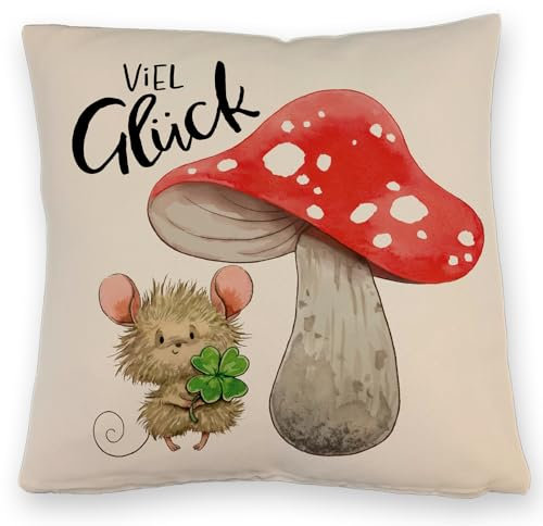 Maus mit Fliegenpilz Kissen mit Leinenoptik mit Spruch Viel Glück Aquarell Klee Pilz - Glücksbringer für Gesundheit Grüße vom Bett