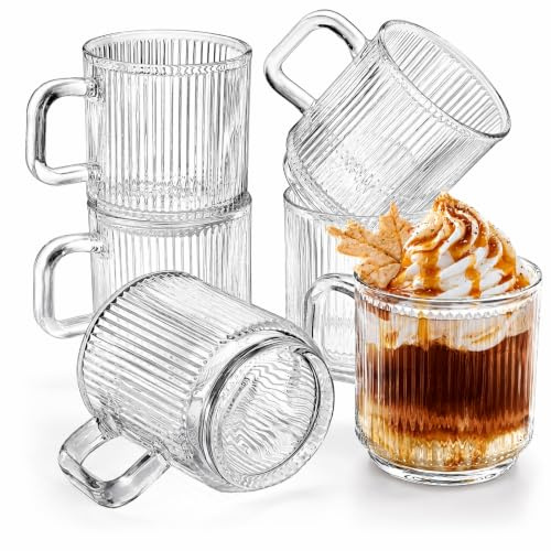 Noamus 6 Pack Premium Glass Coffee Mugs with Handle, 350ml Classic Vertical Stripes Glass Tea Cups, Transparent Ribbed Beverage Mugs, Clear Vintage Glassware Set for Hot Cold Americano, Cappuccino