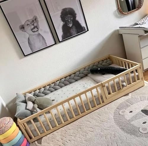 HOMEforDREAMS H4D-35: Bodenbett für Kinder aus Naturholz mit runden Sicherheitsgittern und Türgitter – Montessori-Stil, Leichter Zugang Dank niedrigem Design (140x70cm)