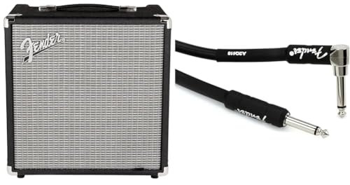 Fender Rumble 40, Bass Amp, 40W, Suitable For Electric Bass Guitar, Black/Silver & Professional Series Instrument Guitar Cable, 10 ft, Straight/Angle, Black, 3m