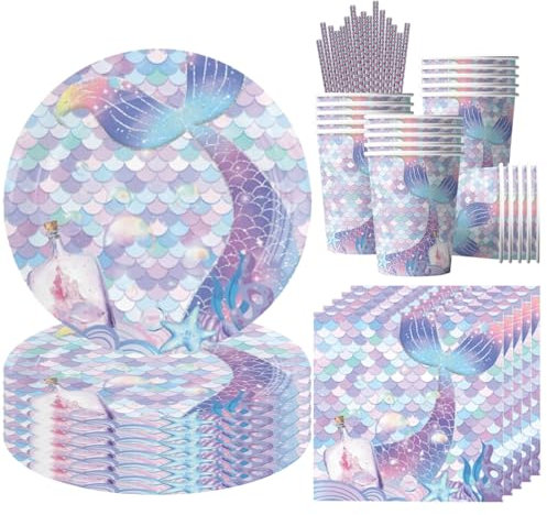 68 Pcs Vajilla Para Fiesta de Sirena, Vajilla de Cumpleaños de Sirena, Decoracion Cumpleaños Niños Incluye Platos Ttazas Servilletas