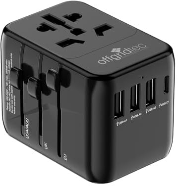 Offgridtec Universal-Reiseadapter weltweit, 3X USB-A + 1x USB-C (schwarz) | Universal-AC-Steckdose, 10A/2500W, 160+ Länder, EU/UK/US/AUS-Stecker, flammhemmendes Gehäuse, Kindersicherung, 2 Sicherungen