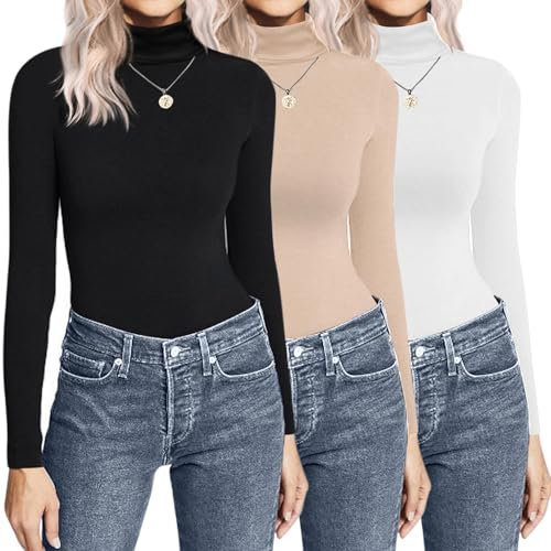Ekouaer Women Black Turtleneck Body Suit Long Sleeve Shirts Lightweight Base Layer Solid Slim Fit Tops 3PCS, Black/White/Khaki, S