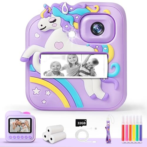 Kids Camera Instant Print, 48MP&1080P Kids Digital Camera with Silicone Cover & 3 Rolls Print Paper DIY Pens & 32G Card, Christmas Birthday Gifts for 4 5 6 7 8 9 10 11 12 Years Old Girls Boys, Purple