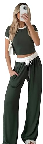STAR FASHION Womens Contrast Trim Tracksuit Ribbed Cropped T-Shirt Trouser Ladies 2Pcs Co-Ord Set Short Sleeve Crop Tee Top Loose Fit Wide Leg Bottoms UK 8-18