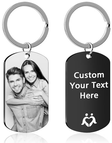 Personalised Photo Keyring - Personalised Gifts for Men - Engraved Text Keychain - Customised Gifts for Boyfriend & Dad - Memorial Gifts for Lovers on Valentine's Day, Father's Day (Black)