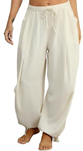 TITOMD Women's Linen Balloon Barrel Beach Pants Boho Harem Flowy Drawstring Casual Loose Pants with Pockets (US, Alpha, X-Large, Regular, Regular, Apricot)