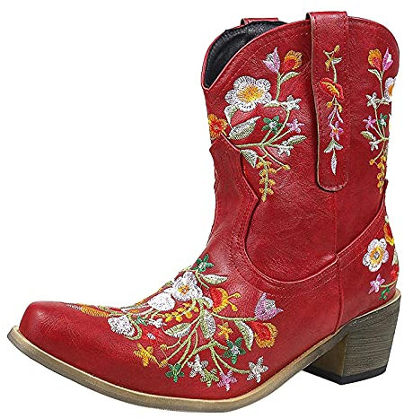 Stivali da cowgirl da donna Scarpe vintage occidentali Stivali da cavallerizza con fiori ricamati da ragazza Stivaletti corti con tacco quadrato grosso Stivaletti corti alla moda retrò Slip on Stivali