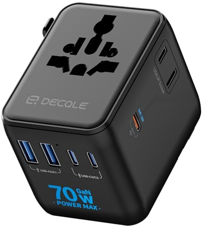 decqle “Pro” Reiseadapter Weltweit mit 3 USB-C (GaN 70W) ＆ 2 USB-A | Internationaler Reisestecker, Universaladapter, KEIN Spannungswandler, für EU, UK, US, AU ＆ 200+ Länder (schwarz)
