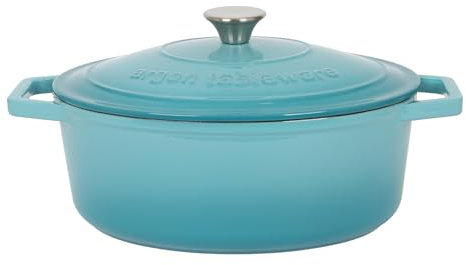 Argon Tableware 4.68L Oval Cast Iron Casserole Dish with Self-Basting Lid - Teal Ombre - 1x Induction Hob Cooking 4.84QT Dutch Oven Bread Baking Serving Roasting Stew Stock Pot Cookware Pan