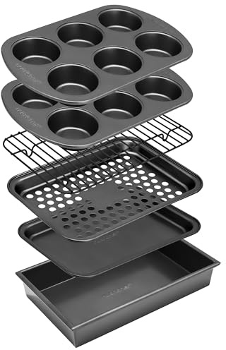 NutriChef Set 6 Teglie da Forno 6 Pezzi, Teglie Forno per Pane, Patatine, Dolci, Torta, Biscotti, Stampo Muffin in Acciaio Resistente