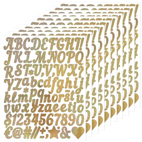 REEKNOKOL 10 Hojas de Pegatinas de Letras y números Dorados para decoración, Manualidades y álbumes de Recortes (Dorados).