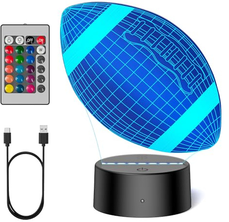 TECKNET 3D Rugby Nachtlicht, Fernbedienung 3D Nachttischlampe, Weihnachtsgeschenke Nikolausgeschenk, 16 Farben Farbwechsel Rugby Zimmer Deko Geschenk für Jungen Mädchen 5 6 7 8 9 10 Jahre