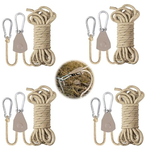 4 Pezzi Cricchetto Corda Regolabile, Corda Cricchetto Con Gancio 4MM, 4M Corda Per Tenda Riflettente, per Pianta Crescere Lampada, Tenda, Escursioni (Cachi)