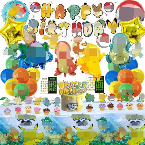 Niedlich Cartoon themed Geburtstag Deko, 47 Stück Kinder Geburtstag Party Set, Enthält Banner, Tischdecke, Kuchendekoration, Hängende Figuren, Tattoo-Aufkleber, Anime-Folienballons, Latexballons