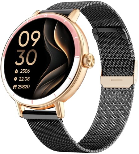 TOOBUR Smartwatch Damen Rund mit Zwei Armbändern, Fitness Sport Uhr, Herzfrequenzmesser, Schrittzähler Uhr Kompatibel mit Android und iOS, Anrufe Annehmen & Tätigen, HD-Touchscreen, Schwarzgold