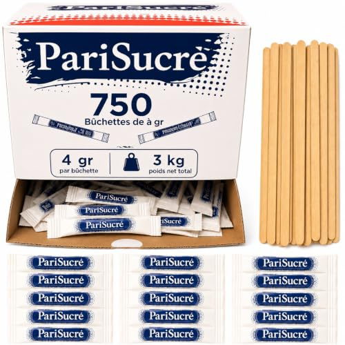 Lot de 750 Dosette Sucre Bûchettes Individuels de 4g (3kg) avec un lot d'agitateurs en bois - Idéal pour les Boissons Chaudes, Cafés et Thés