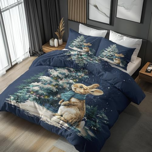Generisch Bettwäsche 135x200 Süßes Kaninchen - Schlafzimmer Deko Bettbezug 135 x 200 2tlg Verschneiter Weihnachtsbaum Muster, 1 Kissenbezug 80x80, mit Reißverschluss, Weich Mikrofaser TG#176