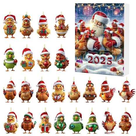 Hühner Deko Für Weihnachtsbaum, 24-Tage Hühner Countdown Kalender 2025, 2D Acryl Anhänger Tier Deko Für Haus Auto Innenspiegel Tür Wand Christbaum Party Dekoration
