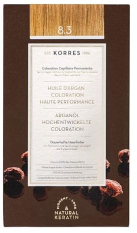 KORRES Argan Oil Colorant – ammoniakfreie Haarfarbe Honigblond 8.3 – 100% Grauhaarabdeckung & vegan für ein langanhaltendes Farbergebnis