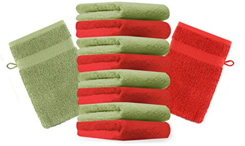 Betz 10 Stück Waschhandschuhe Premium 100% Baumwolle Waschlappen Set 16x21 cm Farbe rot und apfelgrün