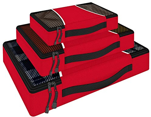 Vinsani 3pc Packing Cubes Travel Organiser Set for Suitcase, Red | Lightweight, Travelling Essentials Luggage Storage Compression Bags for Multi Toiletries & Clothes