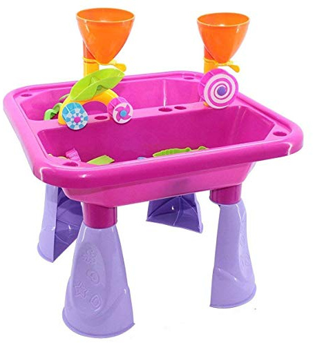Delex® Sand and Water Table with Double Compartment for Toddlers including Assorted Accessories. Garden Sandpit Play Set. Great Christmas XMAS Birthday Gift for Kids Boys Girls. Pink