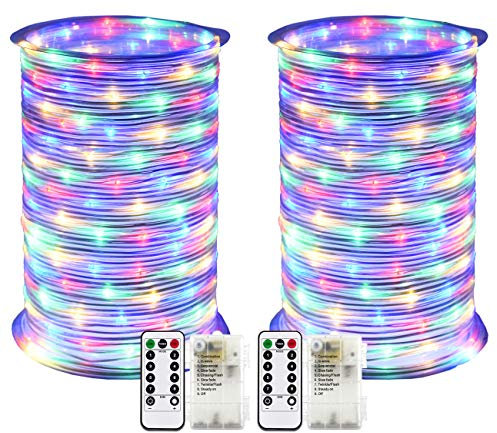 RcStarry 2 Pack LED Rope Light Battery Operated String Lights 33ft/10M 8 Mode Fairy Lights Waterproof Firefly Lights with Remote Timer for Christmas Garden Party Indoor/Outdoor Decor-Multicolor