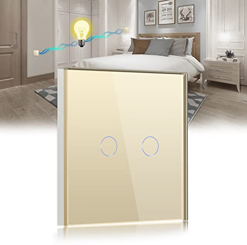 BSEED Touch Light Switch 2 Gang 2 Way, Tempered Glass Panel Light Switches with LED Indicator, Gold Touch Sensitive Light Switch-No Neutral Wire