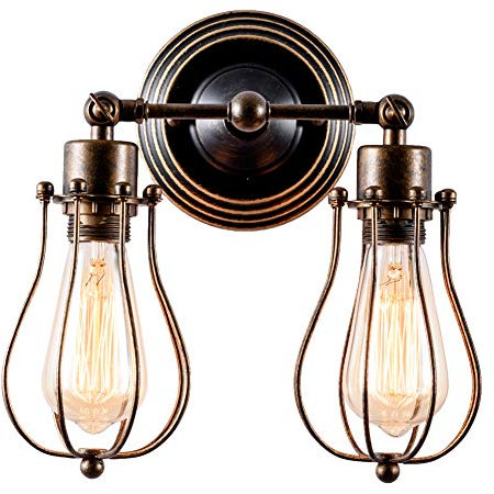 GLADFRESIT Vintage Wall Lights Adjustable Socket Industrial Lighting Rustic Wire Metal Cage Sconces Indoor Home Wall Lamp Retro Light Fixture (2-Light Lamp Base) (Oil Bronze)
