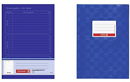 Brunnen 1046814 Hausaufgabenheft (A5, 48 Blatt) blau & 104052536 Hefthülle/Heftumschlag (A5, Folie, mit Namensschild) blau