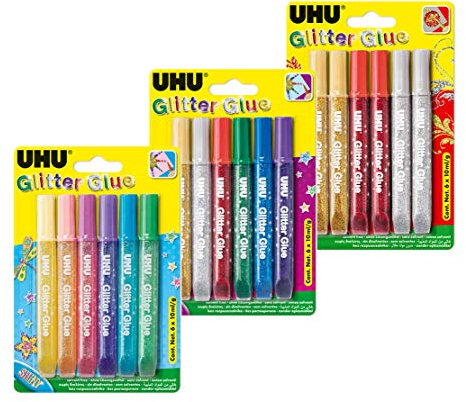 UHU Glitter Glue, colla glitterata per fai da te in tubetto con punta dosatrice fine, 6 x 10 ml, set da 3 pezzi (set completo)