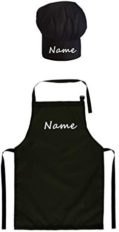 Gorro Cocinero + Delantal de cocina para niños de niño Bebé de Cocina ajustable con velcro Gorro de Chef con nombre/con texto Negro [099]