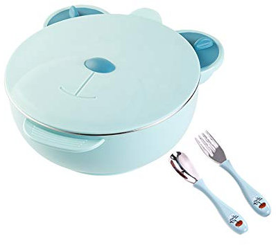 KINGBOO Assiette à dîner en acier inoxydable pour bébé avec couvercle, bol à ventouse pour enfants - Isolation remplie d'eau - Garde au chaud - Pour garçons et filles
