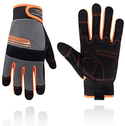 HANDLANDY Arbeitshandschuhe, zweckmäßig, Herren und Damen, Haus und Hof, Sicherheitshandschuhe für Mechaniker, Touchscreen, flexibel, atmungsaktiv (Herren-Größe L, orange)