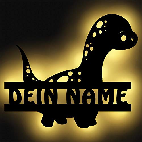 Dino Nachtlicht Kinder LED Wand-Lampe aus Holz Dinosaurier mit Namen für Jungs Leucht Dinolampe Baby