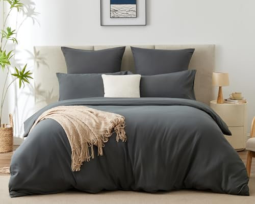 WAVVE Housse de Couette 200x200 cm avec 2 Taies d'oreiller 65x65 cm，Parure de Lit 2 Personnes pour lit 140x190 avec Fermeture Éclair Sets de Housse Couette en Microfibre, Gris Foncé 200 x 200