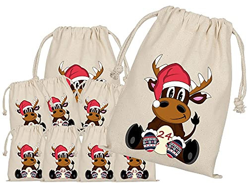 Adventskalender zum Befüllen, 24 Adventskalender Stoffbeutel, Bedruckt, Rentier, Weihnachten Geschenksäckchen, Adventskalender Säckchen, DIY Adventskalender Selber Befüllen, Weihnachtskalender