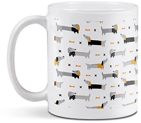 1 x 11oz (284ml) White Ceramic Mug Cup - Dachshund Sausage Dog Drawings Design for Coffee Tea Drinks Kitchen Birthday Office Fun #21806