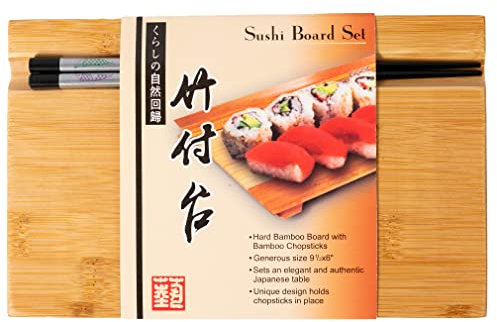 lachineuse - Planche à Sushi en Bambou - Plateau pour Présentation & Service des Sushi - 24 x 15 x 3,5 cm - Avec Baguettes - Vaisselle en Bois pour Sushi - Style Japonais - Idée Cadeau Asie Japon