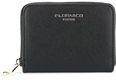 flora & co - Portefeuille Femme Petit Format - Porte-Monnaie Carte Tout-en-Un Court - Similicuir Grainé Zippé - Chic Pratique Léger - Noir