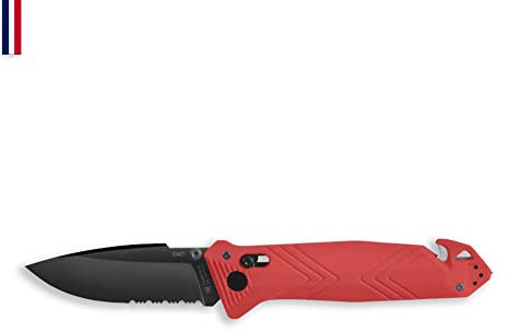 TB Outdoor - Couteau CAC® - Couteau Armée Française - Survie et Outdoor - Lame Anti-Corrosion avec Serrations - Manche PA6 FV Rouge Lame utile 85mm