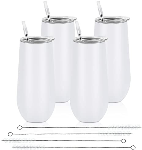 Lifecapido 4 Pack Stemless Champagne Tumblers, 12oz Insulated Champagne Flutes with Lid, Insulated Champagne Glass, Champagne Flute Tumbler, Great Gift for Birthday Party Wedding Christmas (White)
