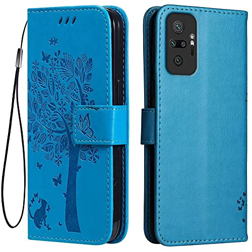 Topme Leder Tasche Hülle für Redmi Note 10 Pro (6.67 Inches), [Katzen- Und Baummuster-Stil Handytasche] - Blau