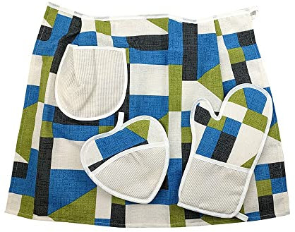 Tris Ricamo - Grembiule a Vita cm 50x70, presina e Guanto Forno con Inserti etamine da ricamare (Panna)