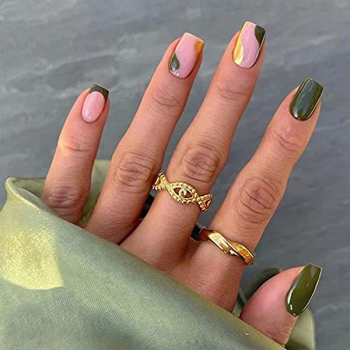 24Pcs Square False Nails Short Green Elegant French Press on Nails with Glue Sticker Acrylic Full Cover Stick on Nails Fake Nail for Women and Girls Nail Art DIY Decoration